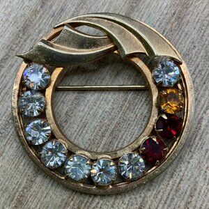 Van Dell Vintage 12K Gold Filled Multi Colored Rhinestone Wreath Brooch Pin